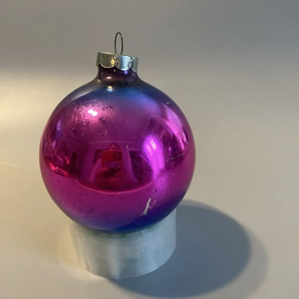 Vintage Christmas Ombre Glass Ornament Hand Made In USA 8.25” Blue Pink Fade